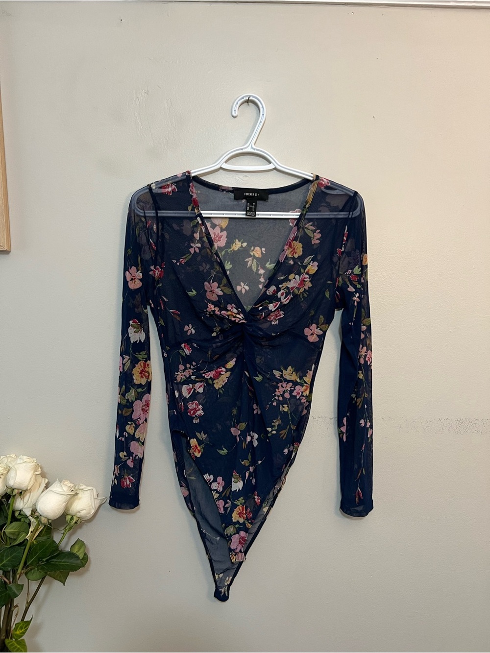 Forever 21 Navy Floral Mesh Twist-Front Long Sleeve Bodysuit - Picture 1 of 4